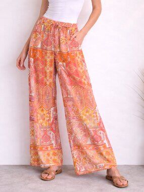 Haute Hippie Tropical Patchwork Paisley Wide Leg Ankle Pull-on Pants SZ Medium